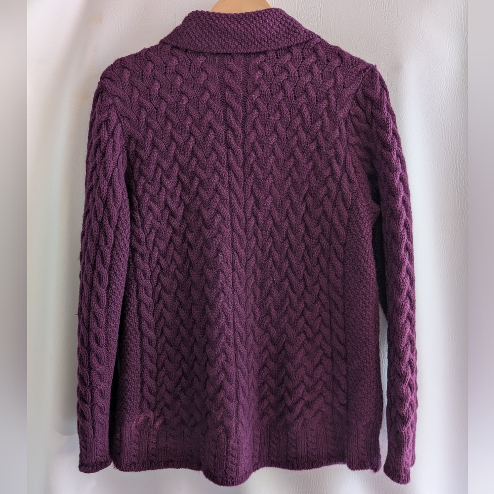 Shades Of Aran Ireland Purple Wool Fisherman Cable Knit Zipper Cardigan Sweater - Picture 6 of 13